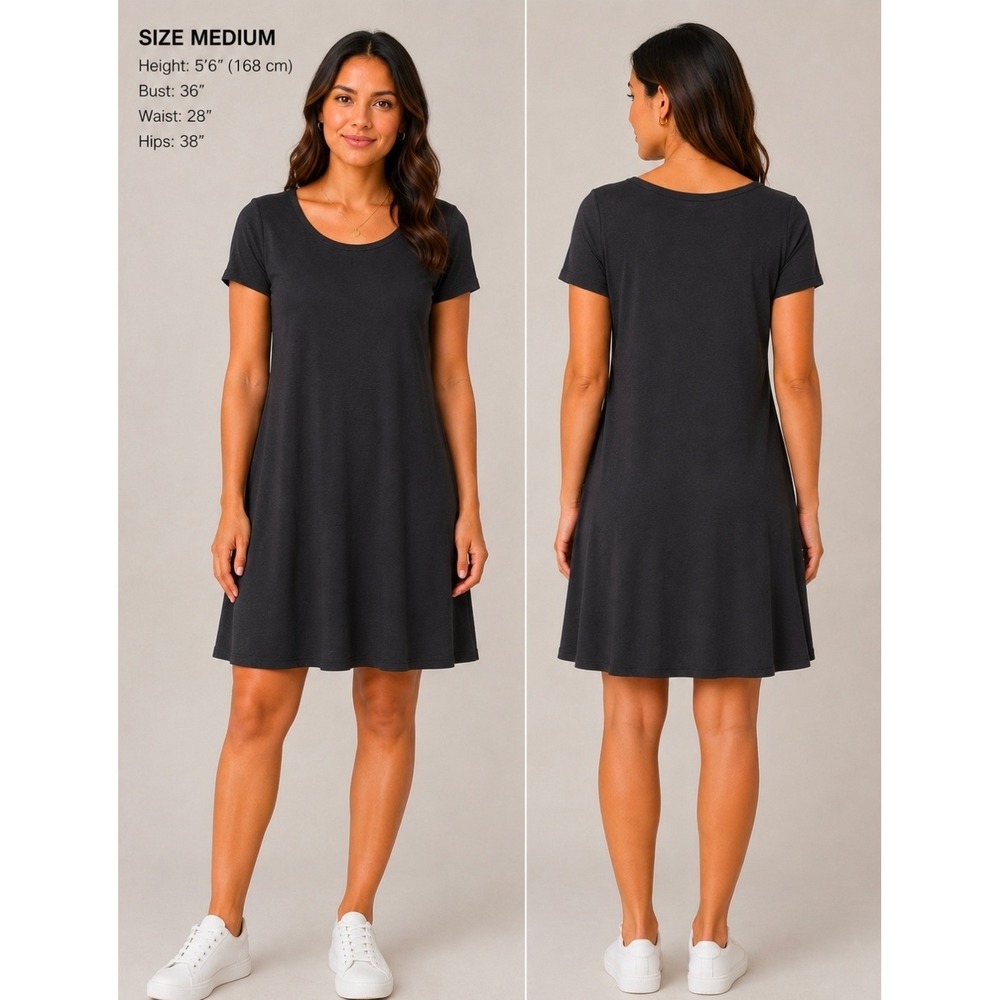 POPYOUNG New M T-Shirt Dress Womens Black Casual A-Line Scoop‎ Neck Short Sleeve